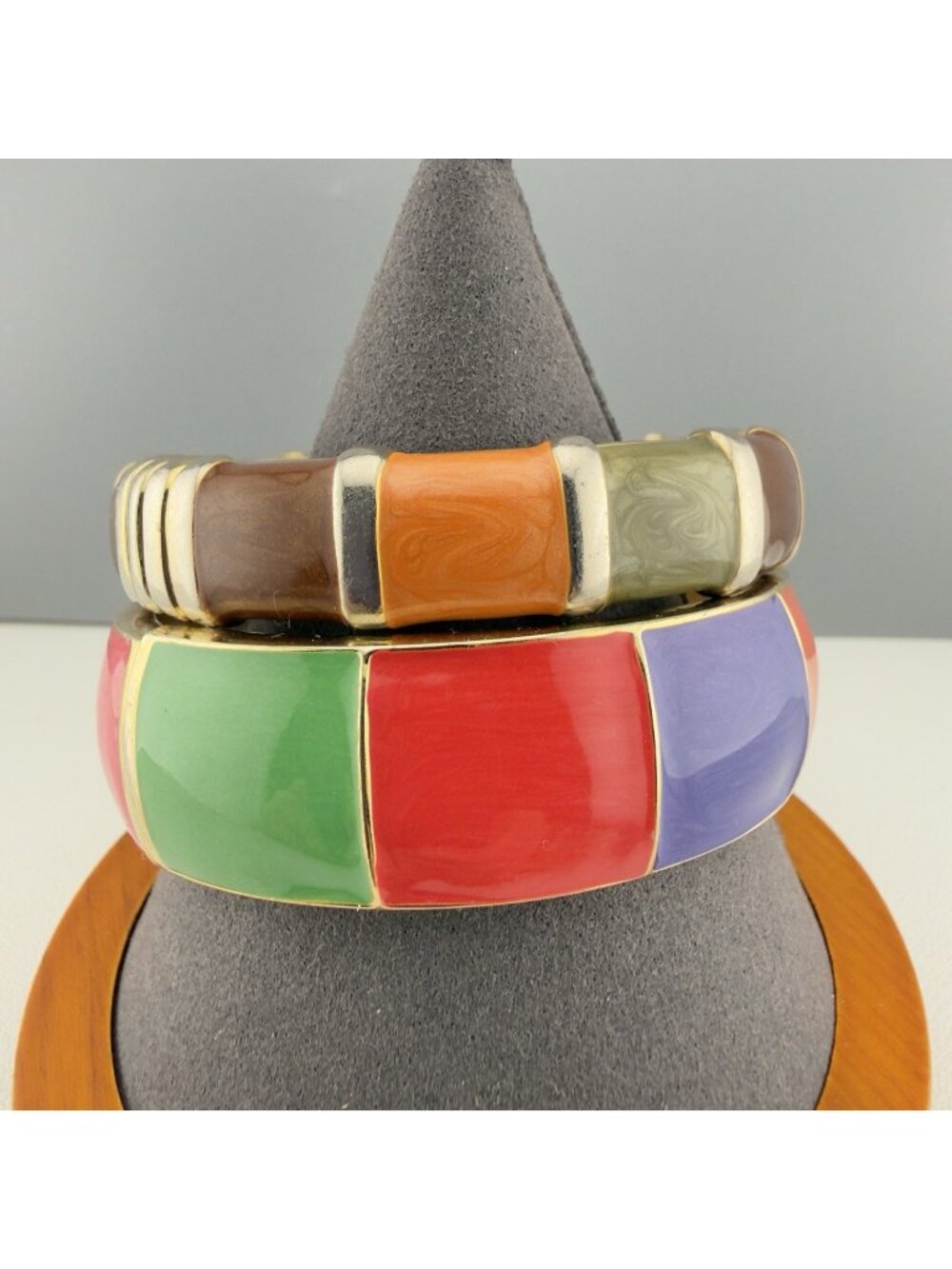Vintage Enameled Hinged Clamper Bangle Bracelet Set Of 2 Colorful
